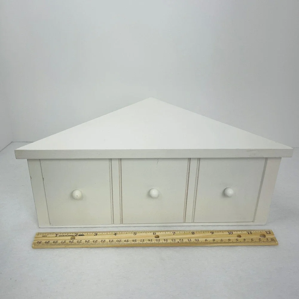 White Wooden Corner Wall Shelf with Storage Drawer and 3 Knobs Floating Shelf